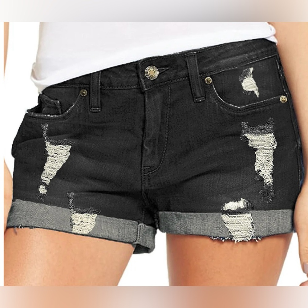 NWOT Maolijer black distressed denim shorts 
SZ: medium